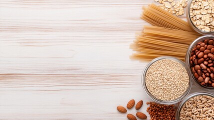 Colorful arrangement of jars filled with various grains, legumes, and pasta on a shelf