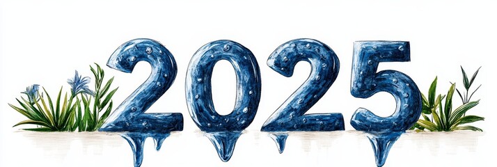 Water Year 2025 - New year, water theme, icy digits, floral border, environmental concept.