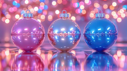 Three colorful Christmas ornaments reflecting festive lights.