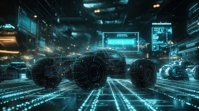 Futuristic vehicle data visualization;  digital car design displayed with glowing lines and holographic interface.