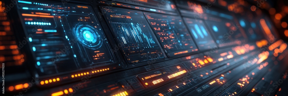 Poster futuristic control panel with glowing interfaces and data displays.