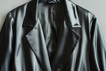 Sleek black satin jacket; draped, elegant.