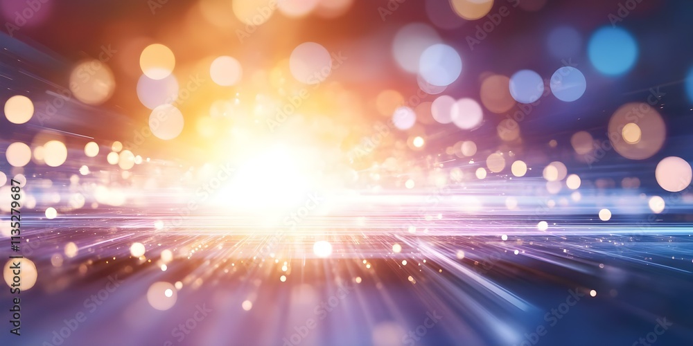 Poster a vibrant burst of light with colorful bokeh effects and radiating beams, creating a dynamic, ethere