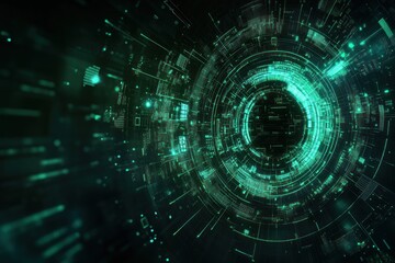 Abstract digital tunnel with glowing green lines and data streams.