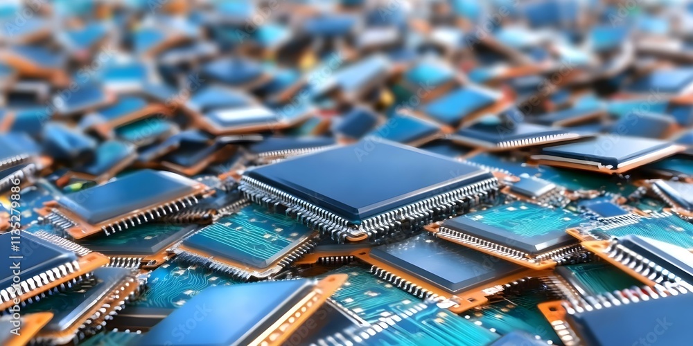 Poster a close-up view of numerous computer chips and circuit boards scattered together, showcasing their i