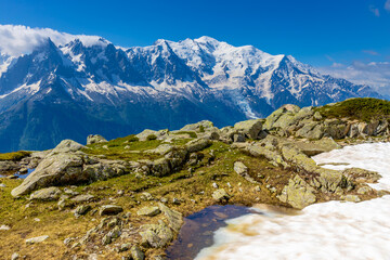 Mont Blanc, Monte Bianco mountain summit in the Alps. The highest mountain in Europe. Snow and...
