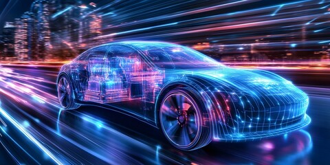 A futuristic car visualized with glowing circuitry and dynamic motion effects, representing advanced technology and speed. Concept Futuristic Car Design, Glowing Circuitry, Dynamic Motion Effects