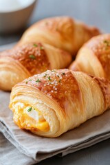 Delicious ham and cheese croissant with egg served on a plate with coffee in the background