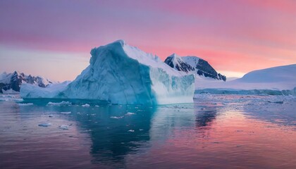 Majestic Iceberg Floating in Pristine Arctic Waters Beneath a Vibrant Pink Twilight
