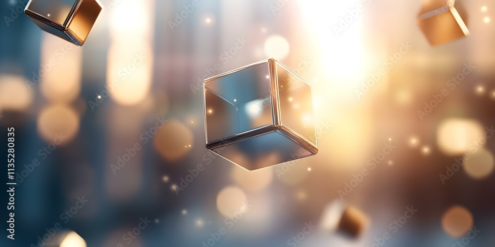 Poster floating geometric cubes with a reflective surface, surrounded by a soft, glowing light and a bokeh 