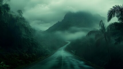 Obraz premium Mystical road winding through lush mountains enveloped in dense fog