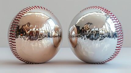 Two reflective baseballs showcasing shiny surfaces and intricate stitching details.