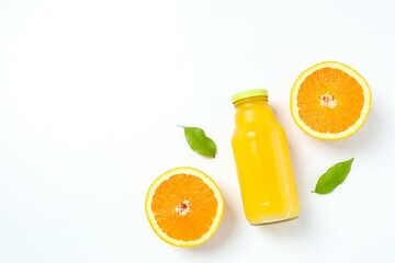 Bottle of freshly squeezed orange juice with citrus fruits on a white background