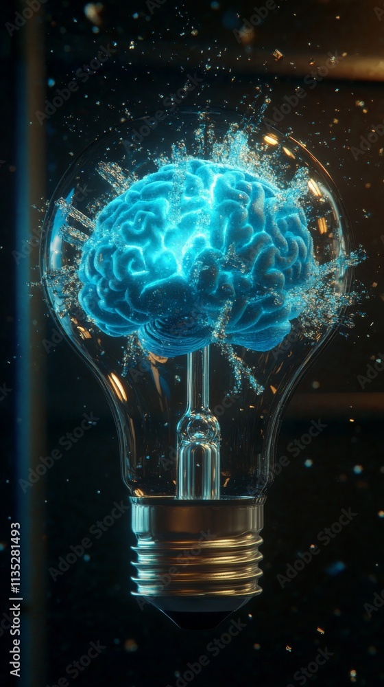 Poster a visually striking 3d render of a glowing blue brain encapsulated within a light bulb, symbolizing 