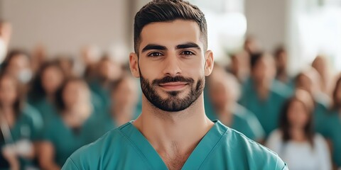 A confident man in scrubs stands in front of an audience, likely at a medical or professional event. Concept Public Speaking, Medical Professionalism, Engaging Presentation, Audience Interaction