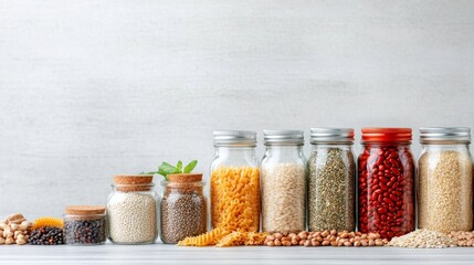 Colorful arrangement of jars filled with various grains, legumes, and pasta on a shelf