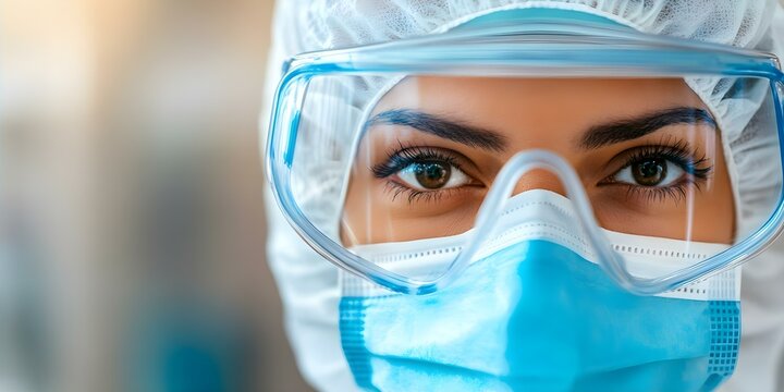 A healthcare professional wearing protective gear, including a mask, goggles, and a surgical cap. Concept Protective Gear, Healthcare Professional, Infection Control