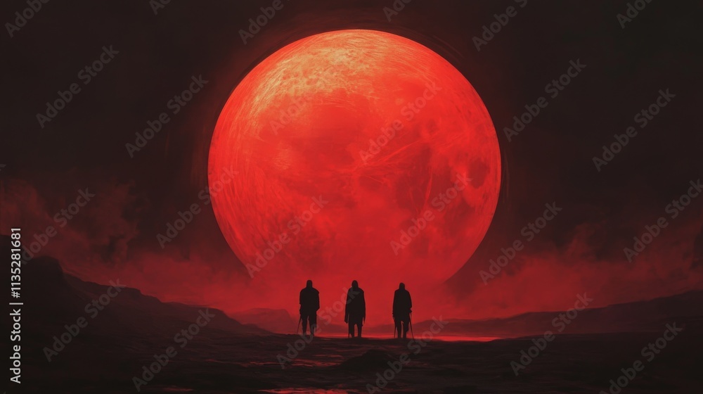 Poster three figures stand against the backdrop of a massive, glowing red moon. the surreal lighting and mi