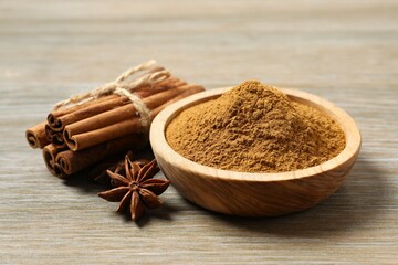 Aromatic cinnamon and anise stars on a wooden background