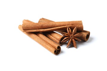 Aromatic cinnamon and anise stars on a white background