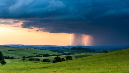 Fototapeta premium Dramatic Thunderstorm Over Rolling Hills with Lightning Striking Distant Horizon