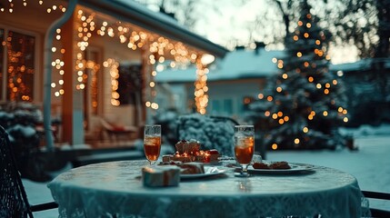 create a cozy winter wonderland: perfect festive outdoor table scene with twinkling holiday lights and snow-covered trees – ideal for home decor or event poster!