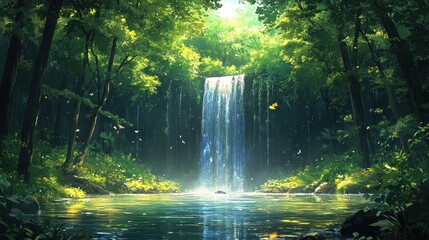 Fototapeta premium A serene waterfall cascades into a tranquil pool, surrounded by lush greenery and sunlight.