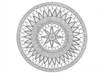 A drawn mandala pattern on white paper lying on a wooden table, drawing supplies and a cup of coffee nearby. The process of drawing a mandala. Mandala creative drawing for relaxation and stress relief