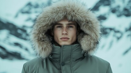 Man's face, fur-trimmed parka, snowy background.