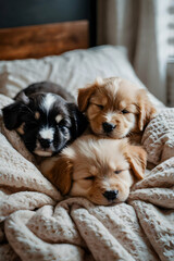 A group of fluffy puppies peacefully sleeping together in a cozy bed with soft blankets, radiating warmth and cuteness.