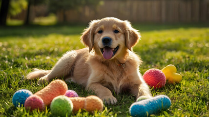 A playful Golden Retriever puppy enjoying a sunny day on a green lawn, surrounded by colorful dog toys, exuding happiness and energy.
