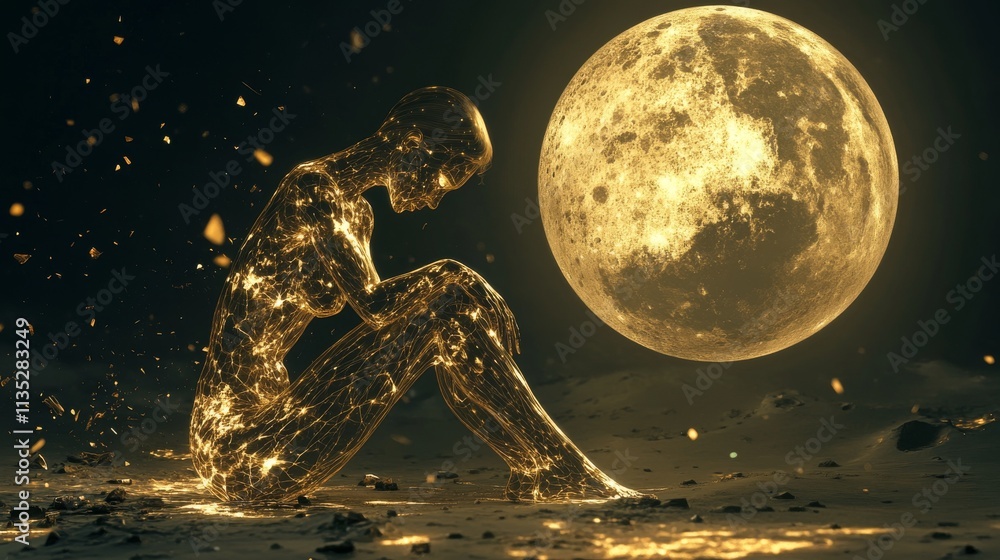 Poster a surreal image featuring a golden, ethereal human figure sitting contemplatively in front of a larg