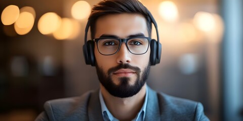Obraz premium A man wearing glasses and headphones, dressed in a suit, looking directly at the camera with a serious expression. Concept Professional Attire, Serious Expression, Modern Technology
