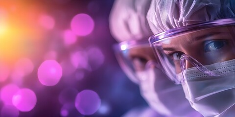 Two individuals in protective gear, including face masks and goggles, with a colorful, blurred background. Concept Protective Gear, Face Masks, Colorful Background, Safety Precautions