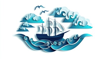 Obraz premium Serene Sailboat on a Paper-Cut Ocean