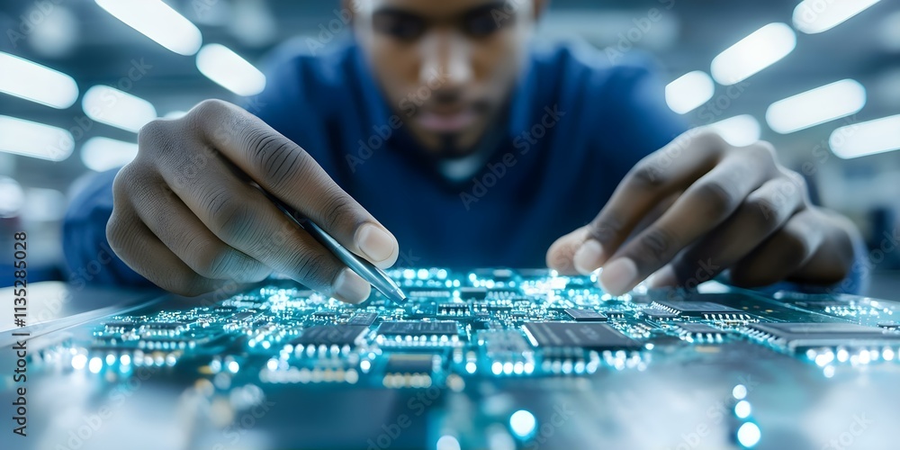 Poster a close-up of a person working on a circuit board, using a tool to handle electronic components amid