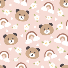Cute teddy bear face with rainbow and flowers on a pink pastel seamless pattern background.