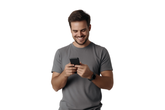 A smiling man in a gray t-shirt holding and looking down at a smartphone, with a smartwatch on his wrist, on a transparent, isolated background - Powered by Adobe
