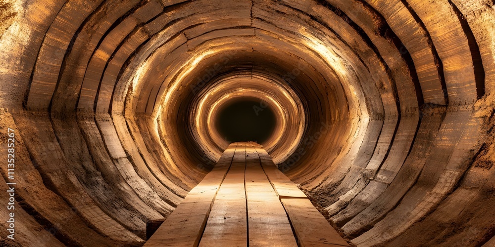 Poster a circular tunnel with wooden planks running through it, illuminated by warm light, creating a drama