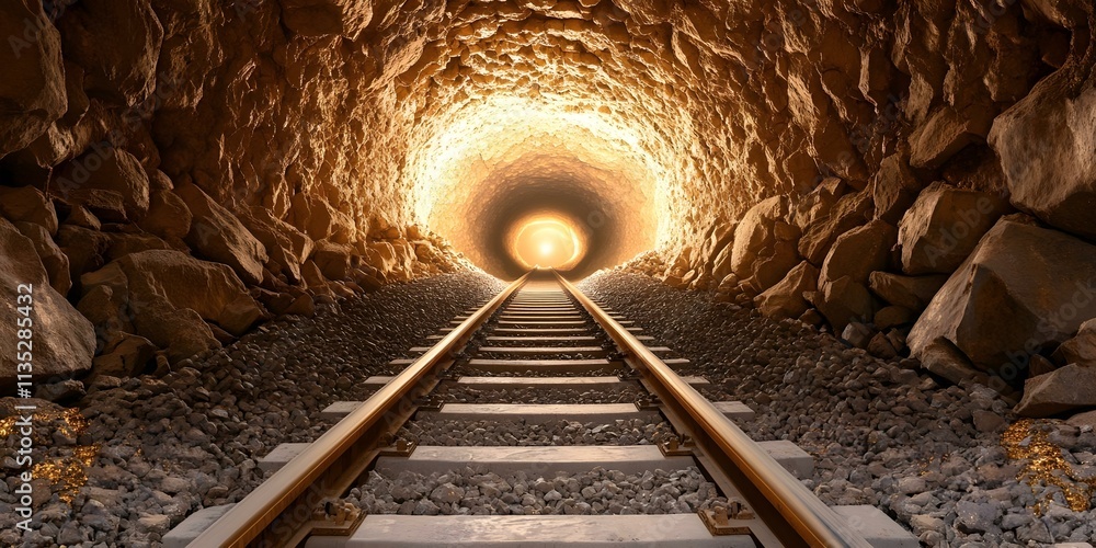 Poster a set of railway tracks leading through a tunnel, illuminated by light at the far end. concept railw