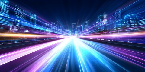 A futuristic cityscape at night with vibrant light trails, creating a sense of speed and movement through skyscrapers. Concept Futuristic Cityscape, Night Lights, Skyscrapers, Light Trails