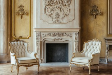 Elegant Interior with Ornate Design, Vintage White Chairs, and Decorative Fireplace in a Luxurious Room Setting Ideal for Home Decor or Interior Design Inspiration