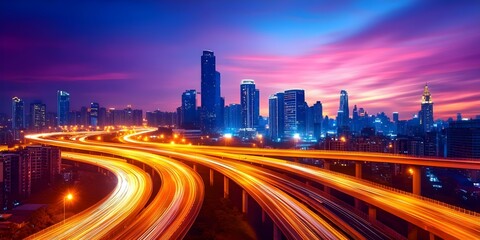 Fototapeta premium A vibrant city skyline at dusk, with illuminated highways and buildings under a colorful sky. Concept City Skyline, Dusk Photography, Illuminated Highways, Colorful Sky, Urban Landscape