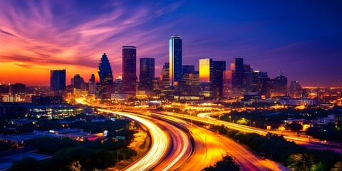 Naklejka premium A vibrant city skyline at sunset with illuminated buildings and light trails from traffic on a highway. Concept City Skyline at Sunset, Illuminated Buildings, Light Trails, Traffic Flow