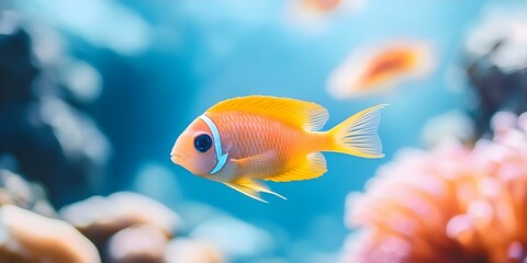 Fototapeta premium A vibrant orange fish swimming in a colorful underwater scene, surrounded by coral and other marine life. Concept Vibrant Orange Fish, Colorful Underwater Scene, Coral Reefs, Marine Life Diversity