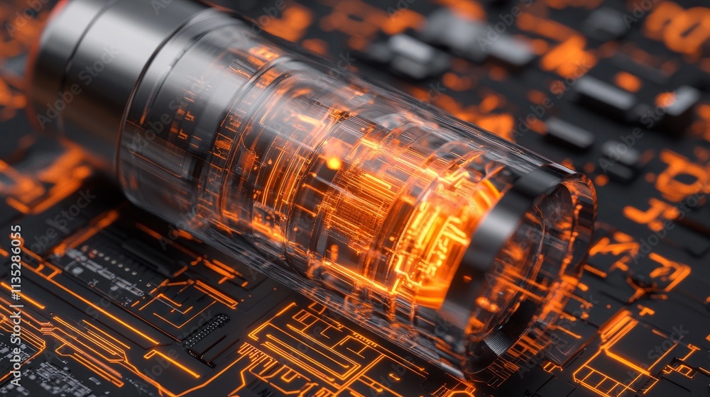 Poster a close-up view of a metallic cylindrical device with vibrant orange light glowing from within, plac