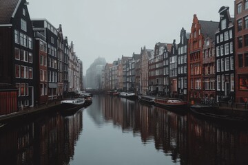 Naklejka premium Amsterdam Canal Houses in a Misty Morning