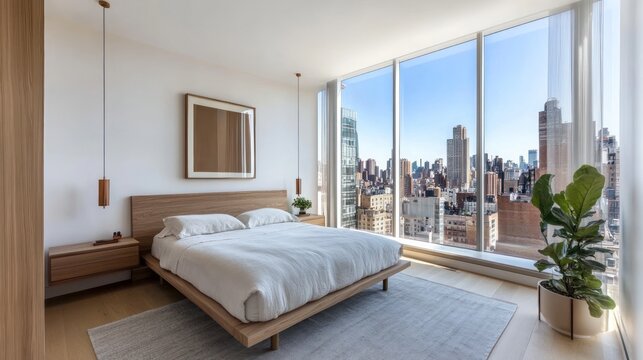 Modern bedroom with city view, minimalist design, wood bed, large windows, and plant.