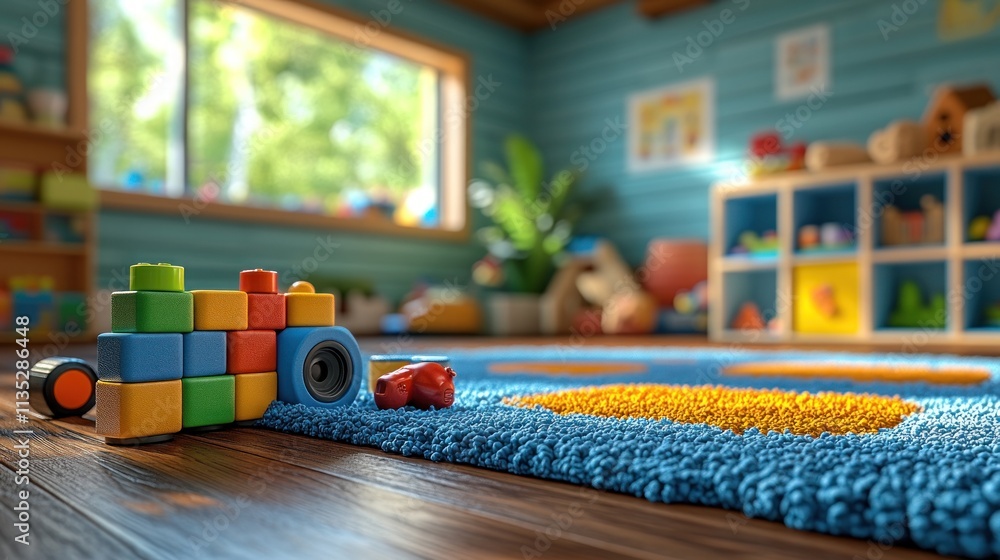 Poster a colorful playroom with building blocks on a textured rug and natural light streaming in.