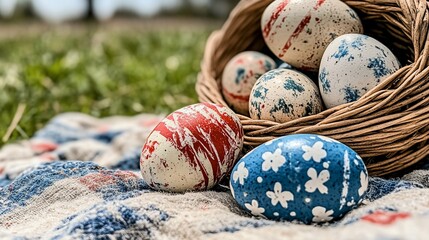 Decorated Easter eggs in a wicker basket on a checkered cloth outdoors.